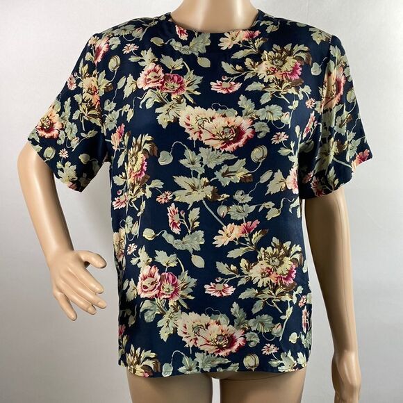 Orvis silk floral short sleeve button closure blouse top size S - Picture 1 of 8